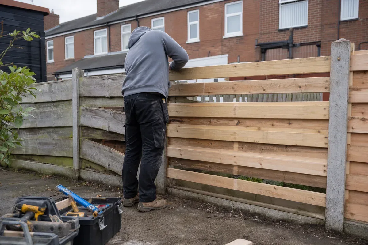 Damaged garden fence being repaired in Oldham
